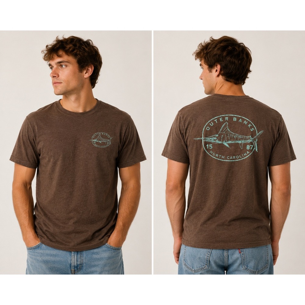Outer Banks North Carolina Marlin T-Shirt Mens Brown Short Sleeve OBX